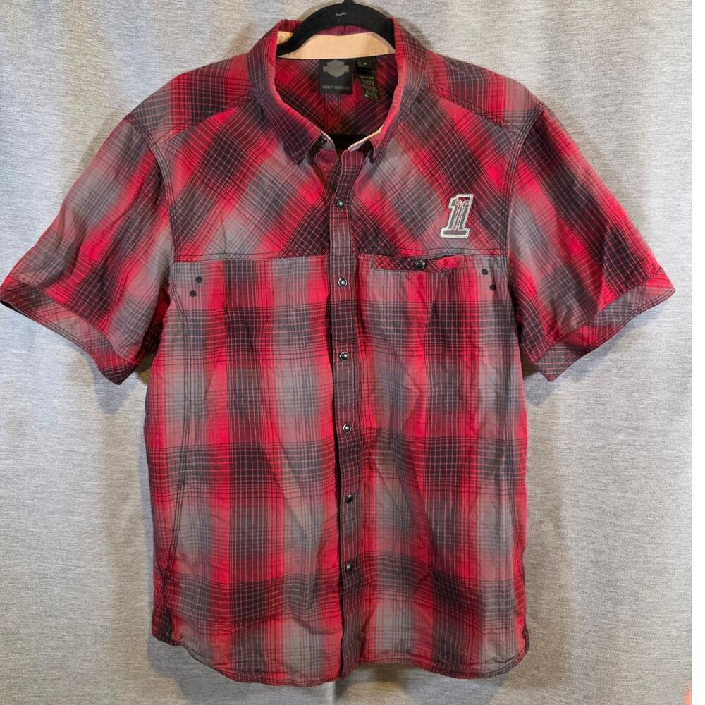 Harley Davidson 1 Shirt Men Sz L Red Black Label Short Sleeve Pearl Snap Western